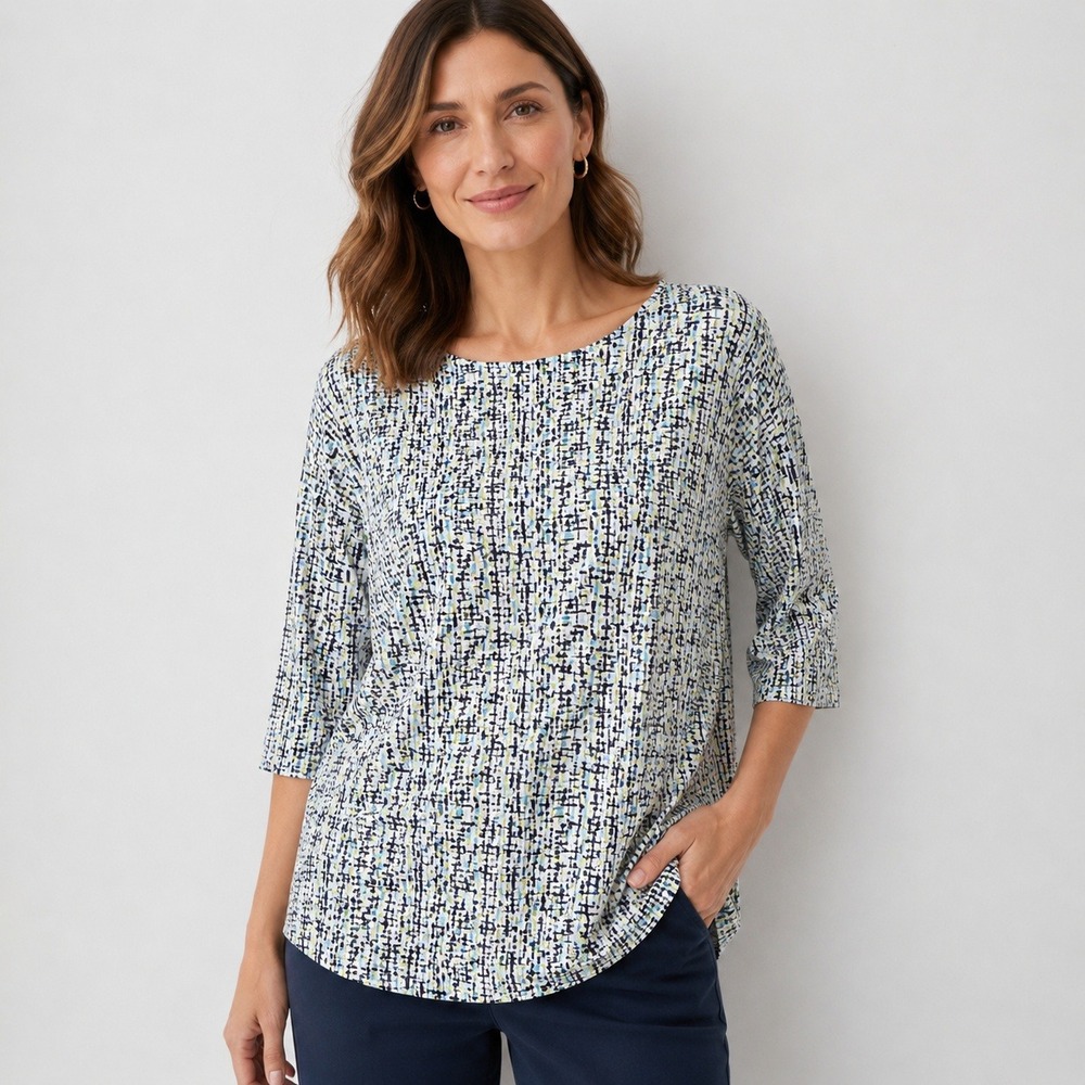 J. Jill Wearever Abstract Geometric Boat Neck 3/4 Sleeve Top Blue Green XL